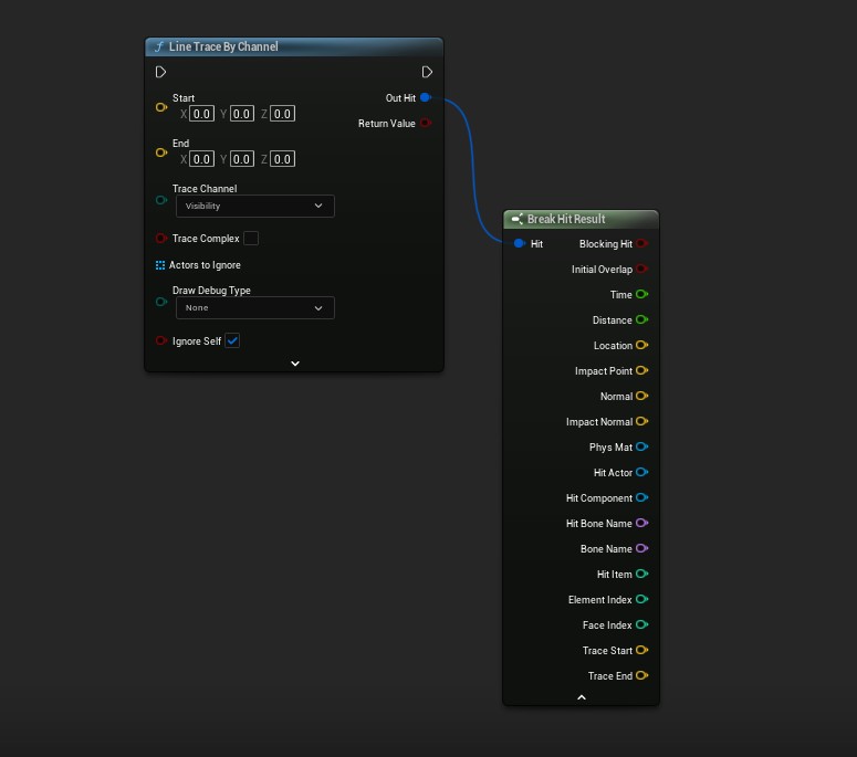 Unreal Engine Blueprint showing Line Trace By Channel connected to Break Hit Result, with ImpactNormal pin visible
