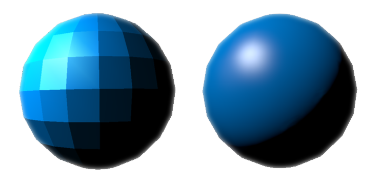 Left: flat shaded sphere showing visible facets. Right: smooth shaded sphere with interpolated normals.