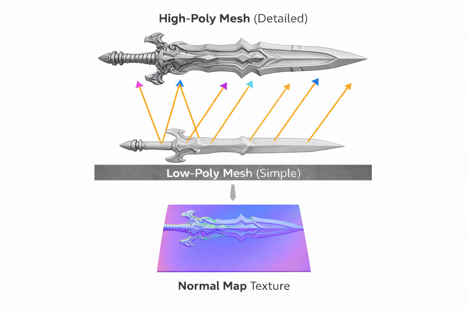 Diagram showing rays cast from a low-poly mesh toward a high-poly mesh, with the result stored as a normal map texture