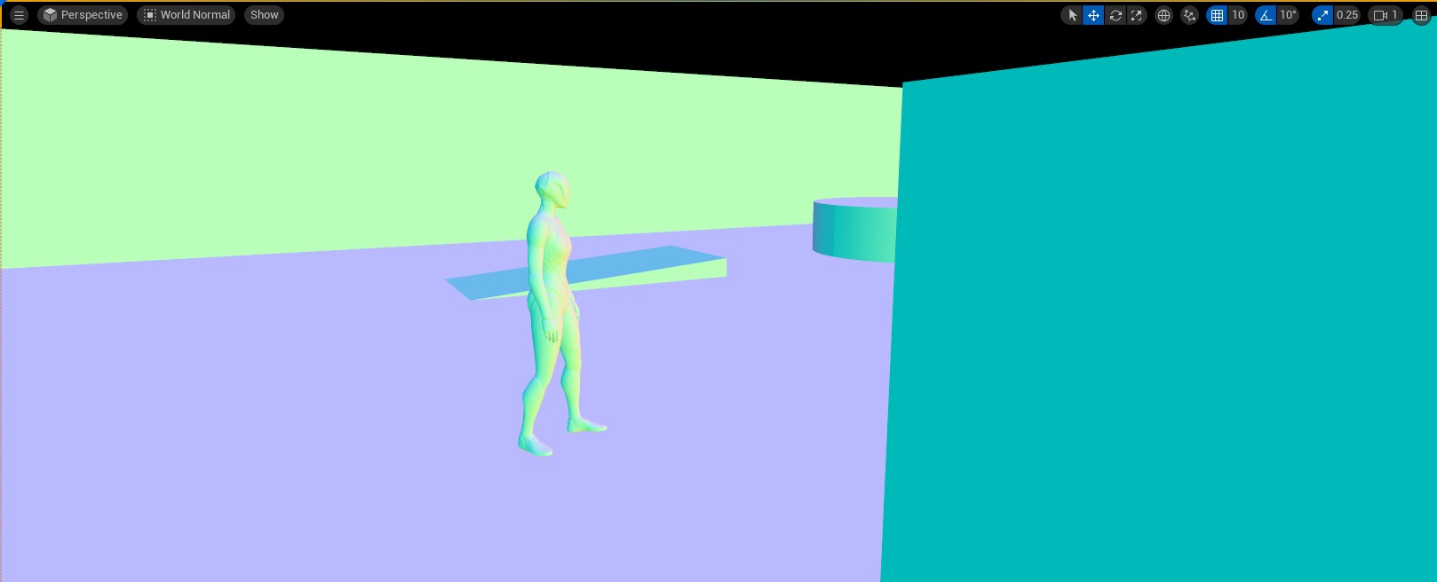 Unreal Engine viewport in World Normal buffer visualization mode, showing surfaces coloured by their normal direction — teal, purple, green and magenta faces